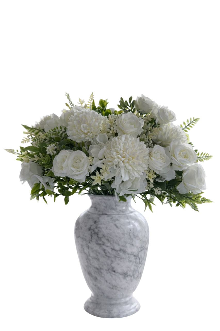 Bouquet Roses de thé et chrysanthèmes en soie - Couleur Blanc